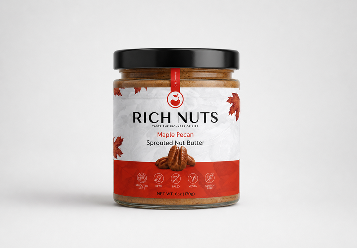 Rich Nuts Maple Pecan Sprouted Nut Butter jar, clean product shot